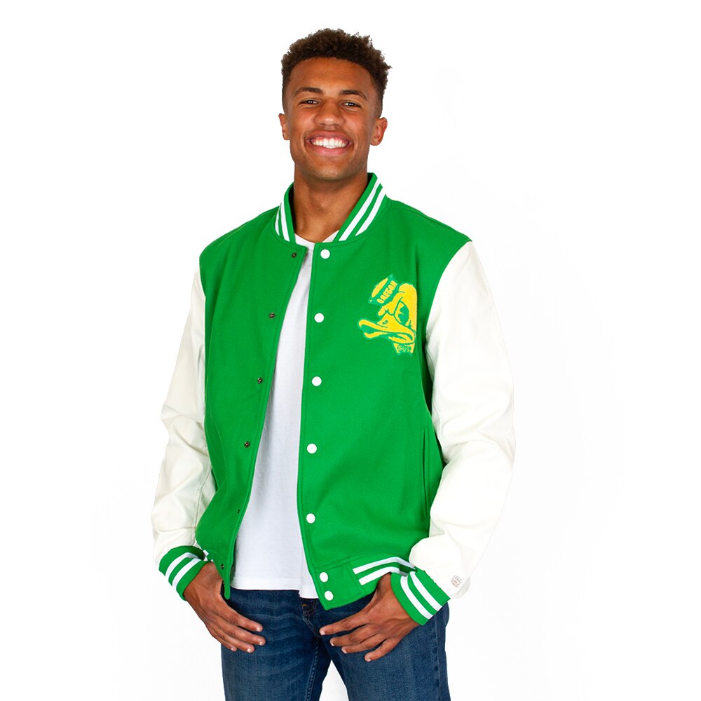 Ducks Spirit, Green, Coat/Jacket, Polyester, Men, Unisex, Football, Homefield, Varsity Style, Chenille, 40's Duck Head, Snap Front, 923547